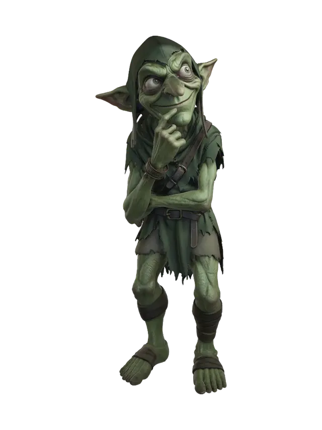 3D model for A highly detailed illustration of an elderly, gaunt one-of-a-kind green color palette goblin with extremely wrinkled skin and a long, sorrowful face. The goblin has a toothless mouth, large bulging eyes, and a prominent round nose. It is bald and minimally clothed. The character is in a hey yoga tree pose.