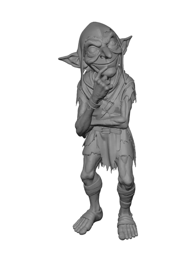 3D model for A highly detailed illustration of an elderly, gaunt one-of-a-kind green color palette goblin with extremely wrinkled skin and a long, sorrowful face. The goblin has a toothless mouth, large bulging eyes, and a prominent round nose. It is bald and minimally clothed. The character is in a hey yoga tree pose.