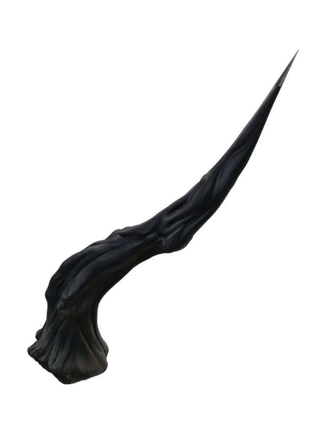 3D model for Create a highly detailed single fantasy-style thorn as a standalone 3D model. The thorn should have a long, sharply pointed, slightly curved organic shape inspired by the thorns of ancient enchanted plants.

The thorn should have a thick, tapered base that gradually narrows into an extremely sharp needle-like tip. Give the surface subtle natural ridges, grooves, wrinkles, and irregular organic textures, making it look as though it naturally grew from a magical plant.

The shape should be slightly twisted and asymmetrical, with elegant natural curves rather than being perfectly straight. Add several subtle raised ridges running along the length of the thorn to create a detailed sculpted appearance.

Use a dark deep green, charcoal, brown, and muted purple fantasy color palette.