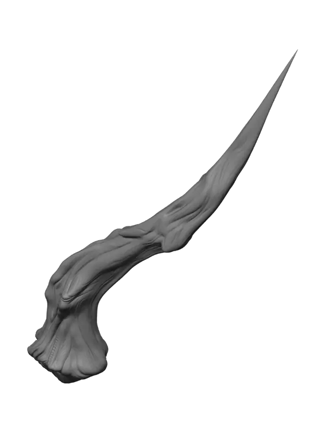 3D model for Create a highly detailed single fantasy-style thorn as a standalone 3D model. The thorn should have a long, sharply pointed, slightly curved organic shape inspired by the thorns of ancient enchanted plants.

The thorn should have a thick, tapered base that gradually narrows into an extremely sharp needle-like tip. Give the surface subtle natural ridges, grooves, wrinkles, and irregular organic textures, making it look as though it naturally grew from a magical plant.

The shape should be slightly twisted and asymmetrical, with elegant natural curves rather than being perfectly straight. Add several subtle raised ridges running along the length of the thorn to create a detailed sculpted appearance.

Use a dark deep green, charcoal, brown, and muted purple fantasy color palette.