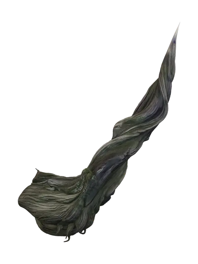 3D model for Create a highly detailed single fantasy-style thorn as a standalone 3D model. The thorn should have a long, sharply pointed, slightly curved organic shape inspired by the thorns of ancient enchanted plants.

The thorn should have a thick, tapered base that gradually narrows into an extremely sharp needle-like tip. Give the surface subtle natural ridges, grooves, wrinkles, and irregular organic textures, making it look as though it naturally grew from a magical plant.

The shape should be slightly twisted and asymmetrical, with elegant natural curves rather than being perfectly straight. Add several subtle raised ridges running along the length of the thorn to create a detailed sculpted appearance.

Use a dark deep green, charcoal, brown, and muted purple fantasy color palette.
