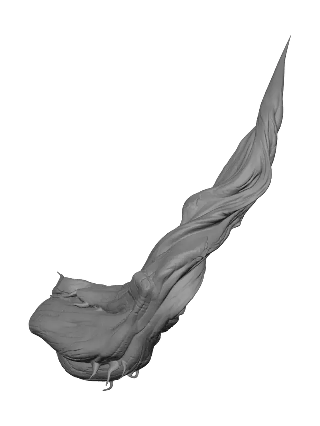 3D model for Create a highly detailed single fantasy-style thorn as a standalone 3D model. The thorn should have a long, sharply pointed, slightly curved organic shape inspired by the thorns of ancient enchanted plants.

The thorn should have a thick, tapered base that gradually narrows into an extremely sharp needle-like tip. Give the surface subtle natural ridges, grooves, wrinkles, and irregular organic textures, making it look as though it naturally grew from a magical plant.

The shape should be slightly twisted and asymmetrical, with elegant natural curves rather than being perfectly straight. Add several subtle raised ridges running along the length of the thorn to create a detailed sculpted appearance.

Use a dark deep green, charcoal, brown, and muted purple fantasy color palette.