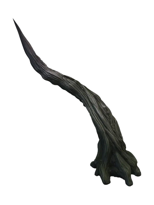 3D model for Create a highly detailed single fantasy-style thorn as a standalone 3D model. The thorn should have a long, sharply pointed, slightly curved organic shape inspired by the thorns of ancient enchanted plants.

The thorn should have a thick, tapered base that gradually narrows into an extremely sharp needle-like tip. Give the surface subtle natural ridges, grooves, wrinkles, and irregular organic textures, making it look as though it naturally grew from a magical plant.

The shape should be slightly twisted and asymmetrical, with elegant natural curves rather than being perfectly straight. Add several subtle raised ridges running along the length of the thorn to create a detailed sculpted appearance.

Use a dark deep green, charcoal, brown, and muted purple fantasy color palette.