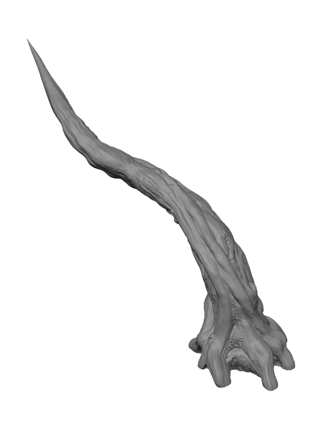 3D model for Create a highly detailed single fantasy-style thorn as a standalone 3D model. The thorn should have a long, sharply pointed, slightly curved organic shape inspired by the thorns of ancient enchanted plants.

The thorn should have a thick, tapered base that gradually narrows into an extremely sharp needle-like tip. Give the surface subtle natural ridges, grooves, wrinkles, and irregular organic textures, making it look as though it naturally grew from a magical plant.

The shape should be slightly twisted and asymmetrical, with elegant natural curves rather than being perfectly straight. Add several subtle raised ridges running along the length of the thorn to create a detailed sculpted appearance.

Use a dark deep green, charcoal, brown, and muted purple fantasy color palette.