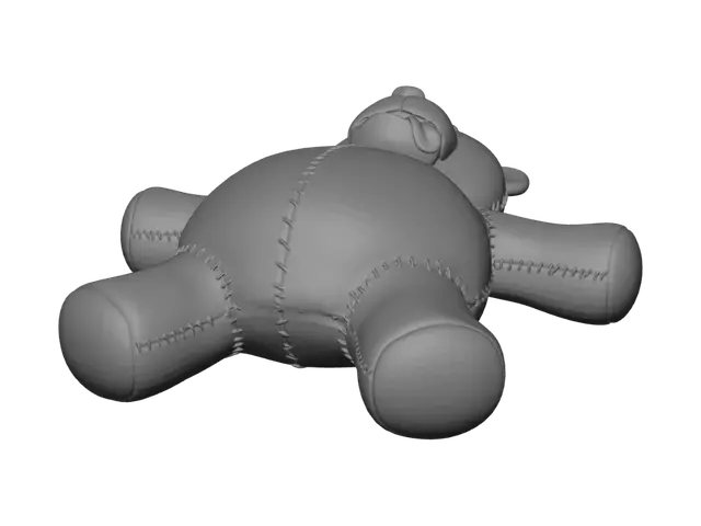 3D model for Teddy bear with very short limbs, lying on its back with strechted out arms and legs, knocked out, tongue lolling out of mouth, stichted seams, extremely large belly, made out of leather,