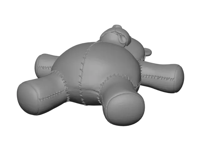 3D model for Teddy bear with very short limbs, lying on its back with strechted out arms and legs, knocked out, tongue lolling out of mouth, stichted seams, extremely large belly, made out of leather,
