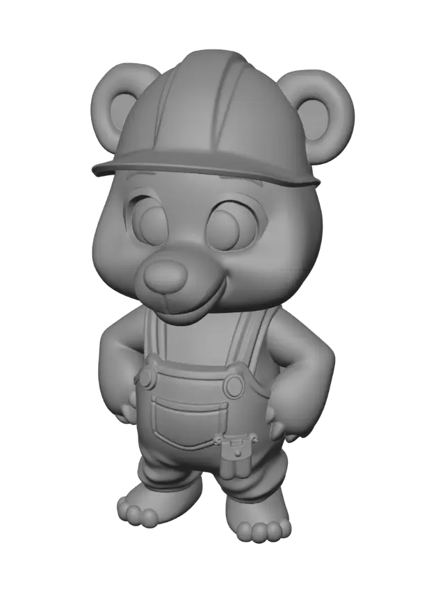 3D model for A friendly original cartoon bear workshop mascot for a premium casual mobile puzzle game. Full body, warm brown fur, large expressive eyes, orange construction helmet, blue work overalls, small tool belt, rounded proportions, polished stylized 3D mobile game character, clean topology, symmetrical front-facing A-pose, no background, no text, no logo, original design.