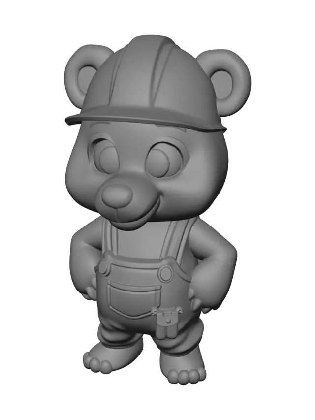 3D model for A friendly original cartoon bear workshop mascot for a premium casual mobile puzzle game. Full body, warm brown fur, large expressive eyes, orange construction helmet, blue work overalls, small tool belt, rounded proportions, polished stylized 3D mobile game character, clean topology, symmetrical front-facing A-pose, no background, no text, no logo, original design.