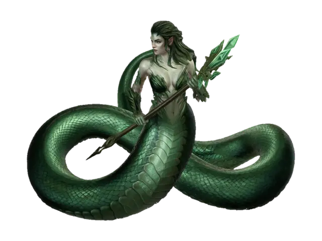 Una lamia de escamas esmeralda, cabello largo y voluminoso de color esmeralda, ojos… 3D model, vytvořený pomocí AI