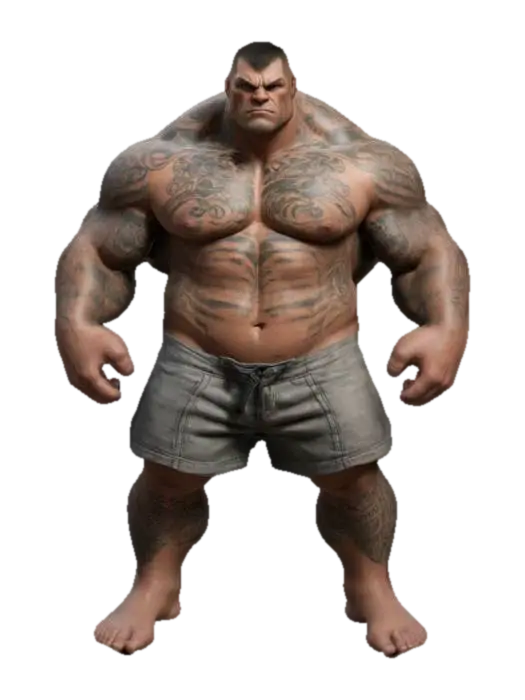 large, muscular person with tattoos, not wearing a shirt, and only in shorts. The… - Tattoo 3D model, vytvořený pomocí AI