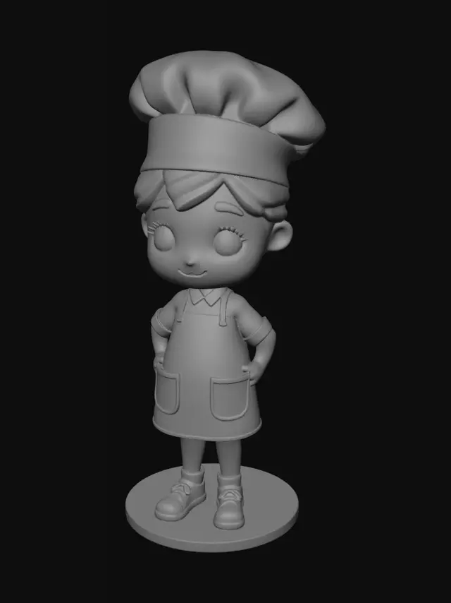 3D model for 3D printable miniature of a cute chibi female pastry chef, simple design, solid volumes, friendly face, simplified uniform, robust limbs, designed for FDM printing with minimal overhangs, no thin parts, includes a round flat base