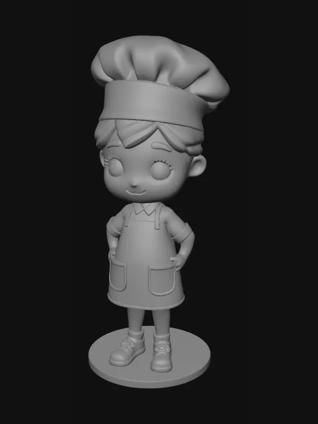 3D model for 3D printable miniature of a cute chibi female pastry chef, simple design, solid volumes, friendly face, simplified uniform, robust limbs, designed for FDM printing with minimal overhangs, no thin parts, includes a round flat base