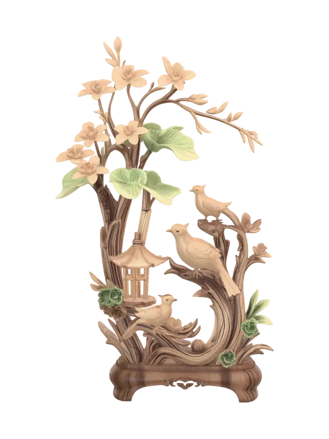 Carved Birds Among Blooming Branches - Engraving 3D model, vytvořený pomocí AI