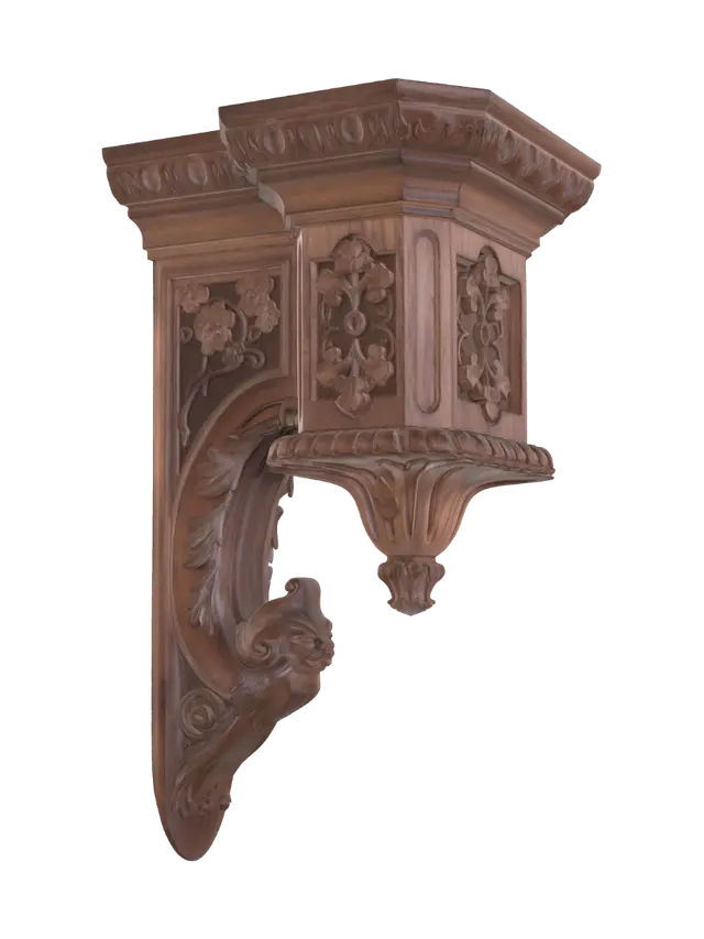 Ornate Carved Wooden Shelf Bracket - Scrollwork-3D-modell, genererad av AI