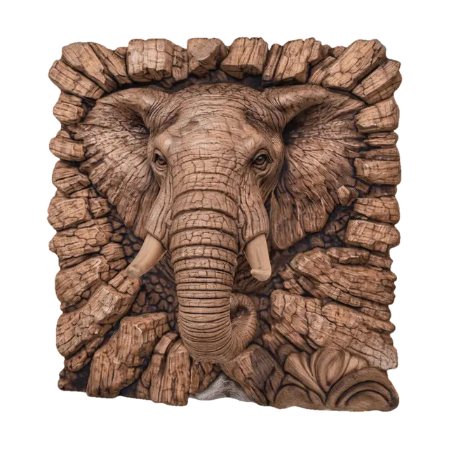Elephant in a Bark Frame 3D model, vytvořený pomocí AI