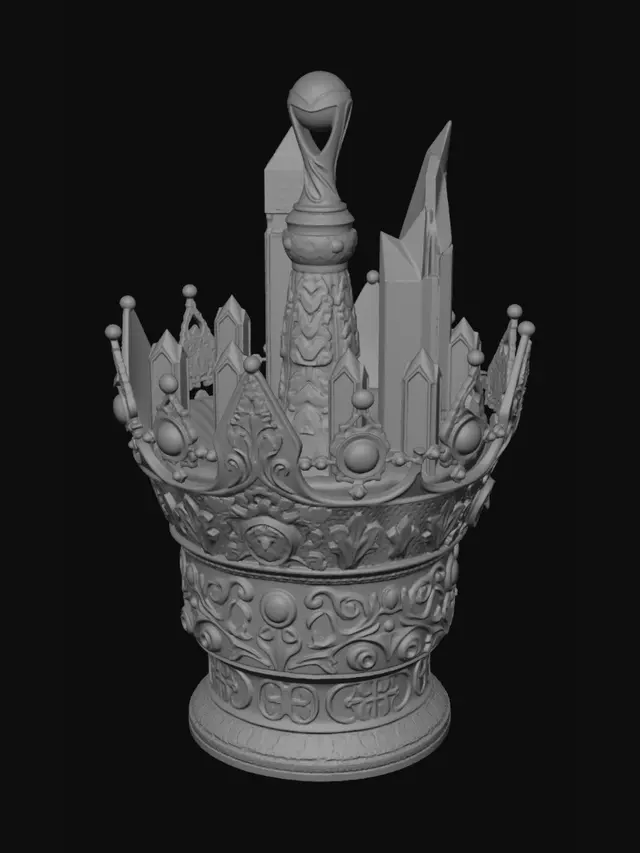 3D model for A majestic FIFA World Cup inspired royal crown forged from the cultural symbols of a nation. Massive crystal architecture shaped like famous landmarks, national flowers, and traditional ornaments merged into a luxurious championship crown. Glowing energy veins, premium gold and gemstone materials, highly detailed engravings, cinematic lighting, collectible trophy design, symmetrical, masterpiece, ultra detailed, game ready 3D asset, black background.