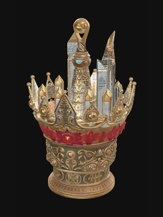 3D model for A majestic FIFA World Cup inspired royal crown forged from the cultural symbols of a nation. Massive crystal architecture shaped like famous landmarks, national flowers, and traditional ornaments merged into a luxurious championship crown. Glowing energy veins, premium gold and gemstone materials, highly detailed engravings, cinematic lighting, collectible trophy design, symmetrical, masterpiece, ultra detailed, game ready 3D asset, black background.