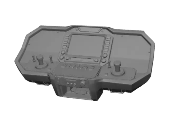3D model for Erstelle eine technische Konsole für das Cockpit eines Raumschiffs, die rechts und links hinter dem Pilotensitz an den Wänden stehen könnte. Als Textur verwendest du die Farben beige, blau, grau und schwarz