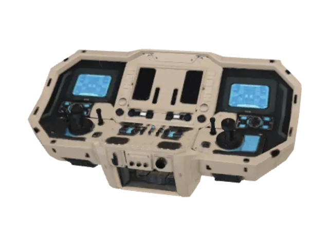 3D model for Erstelle eine technische Konsole für das Cockpit eines Raumschiffs, die rechts und links hinter dem Pilotensitz an den Wänden stehen könnte. Als Textur verwendest du die Farben beige, blau, grau und schwarz