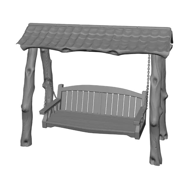 3D model for A rustic, outdoor wooden swing set featuring a protective canopy roof. The sturdy frame is crafted from thick, gnarled tree-like logs, exhibiting natural wood grain and subtle branch details. A slatted wooden bench, designed with a gently curved backrest, is suspended by robust dark metal chains. The slightly wavy roof is constructed from textured wooden shingles, all in warm, natural brown tones, suggesting a handcrafted and inviting garden piece with soft, even lighting.