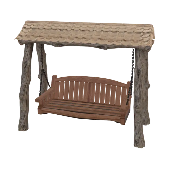 3D model for A rustic, outdoor wooden swing set featuring a protective canopy roof. The sturdy frame is crafted from thick, gnarled tree-like logs, exhibiting natural wood grain and subtle branch details. A slatted wooden bench, designed with a gently curved backrest, is suspended by robust dark metal chains. The slightly wavy roof is constructed from textured wooden shingles, all in warm, natural brown tones, suggesting a handcrafted and inviting garden piece with soft, even lighting.