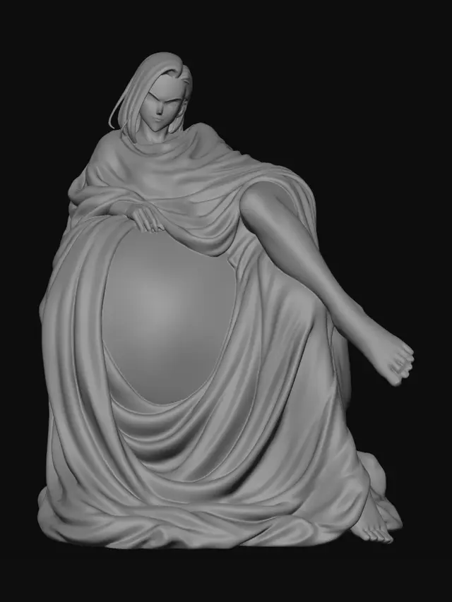 3D model for Scultura 3D dettagliata ispirata a C-18, distesa sopra una sfera del drago a 4 stelle, avvolta in un drappo lungo e morbido che copre completamente il corpo come una statua classica, con spalle e gambe parzialmente visibili in modo elegante, posa artistica non esplicita, un piede in prospettiva verso lo spettatore, stile resina da collezione, dettagli raffinati del tessuto, pieghe realistiche, nessuna nudità.