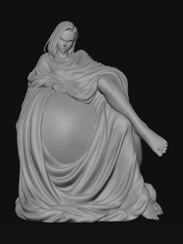 3D model for Scultura 3D dettagliata ispirata a C-18, distesa sopra una sfera del drago a 4 stelle, avvolta in un drappo lungo e morbido che copre completamente il corpo come una statua classica, con spalle e gambe parzialmente visibili in modo elegante, posa artistica non esplicita, un piede in prospettiva verso lo spettatore, stile resina da collezione, dettagli raffinati del tessuto, pieghe realistiche, nessuna nudità.