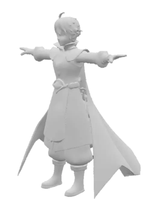 3D model for Highly detailed full-body 3D model of a young male character in a perfect T-pose, inspired by Genshin Impact art style, with realistic human proportions, wearing an ornate magical fantasy outfit — long coat with gold embroidery, layered shoulder armor, decorated belts, high boots, fingerless gloves, flowing cape, vivid blue and gold color palette, high-quality fabric textures, stylized anime-style hair with fine strands, expressive face, clean mesh topology, fully humanoid game-ready rig, optimized for Unreal Engine 4 and Mixamo animations, no weapons in hands, symmetrical pose.