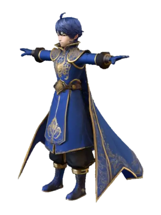 3D model for Highly detailed full-body 3D model of a young male character in a perfect T-pose, inspired by Genshin Impact art style, with realistic human proportions, wearing an ornate magical fantasy outfit — long coat with gold embroidery, layered shoulder armor, decorated belts, high boots, fingerless gloves, flowing cape, vivid blue and gold color palette, high-quality fabric textures, stylized anime-style hair with fine strands, expressive face, clean mesh topology, fully humanoid game-ready rig, optimized for Unreal Engine 4 and Mixamo animations, no weapons in hands, symmetrical pose.