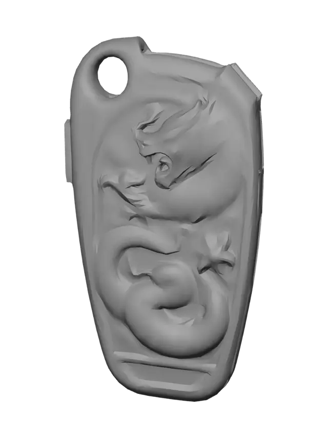3D model for 3D printable protective case for Honda SH Mode 2026 smart key. Two-piece snap-fit shell with 2 mm wall thickness, 0.3 mm clearance, exposed buttons and charging area. High-relief Chinese dragon wrapping around the front, full dragon engraving on the back, deep embossed details, optimized for FDM/SLA printing, watertight manifold mesh, clean topology, no floating parts, no overhangs above 45°, no thin features under 1 mm, printable without supports, export as STL/OBJ.