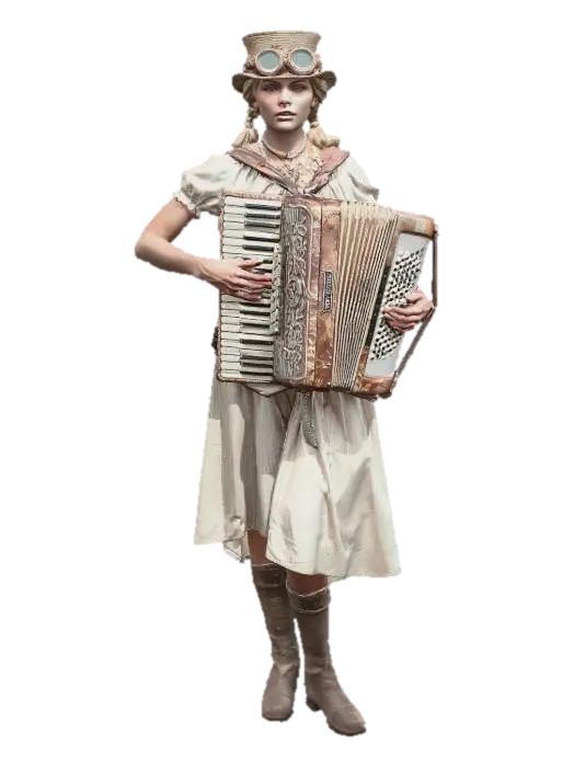 Steampunk Accordionist - Musician 3D model, vytvořený pomocí AI