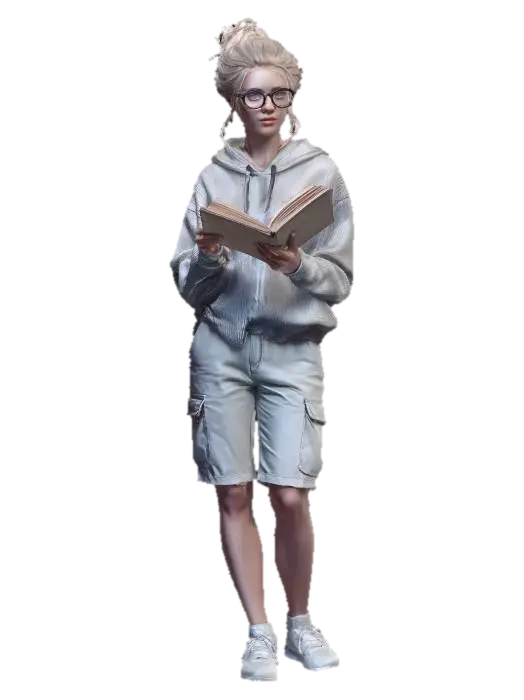 Grey Hoodie Reader - Lifestyle 3D model, vytvořený pomocí AI