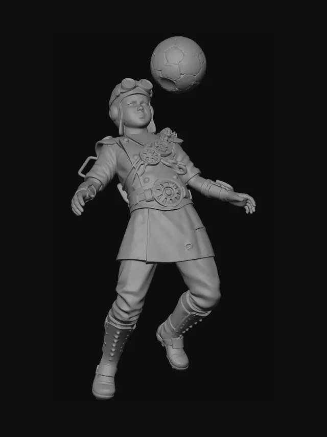 3D model for juniorský cca dvanáctiletý fotbalista hlavičkující míč ve steampunkovém stylu,ultrarealistické 8k,pozadí šedé studio