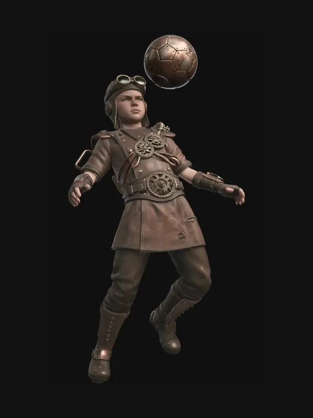 3D model for juniorský cca dvanáctiletý fotbalista hlavičkující míč ve steampunkovém stylu,ultrarealistické 8k,pozadí šedé studio