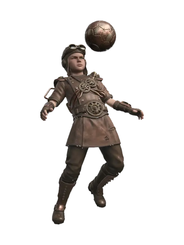 juniorský cca dvanáctiletý fotbalista hlavičkující míč ve steampunkovém… - Ultra 3D model, vytvořený pomocí AI