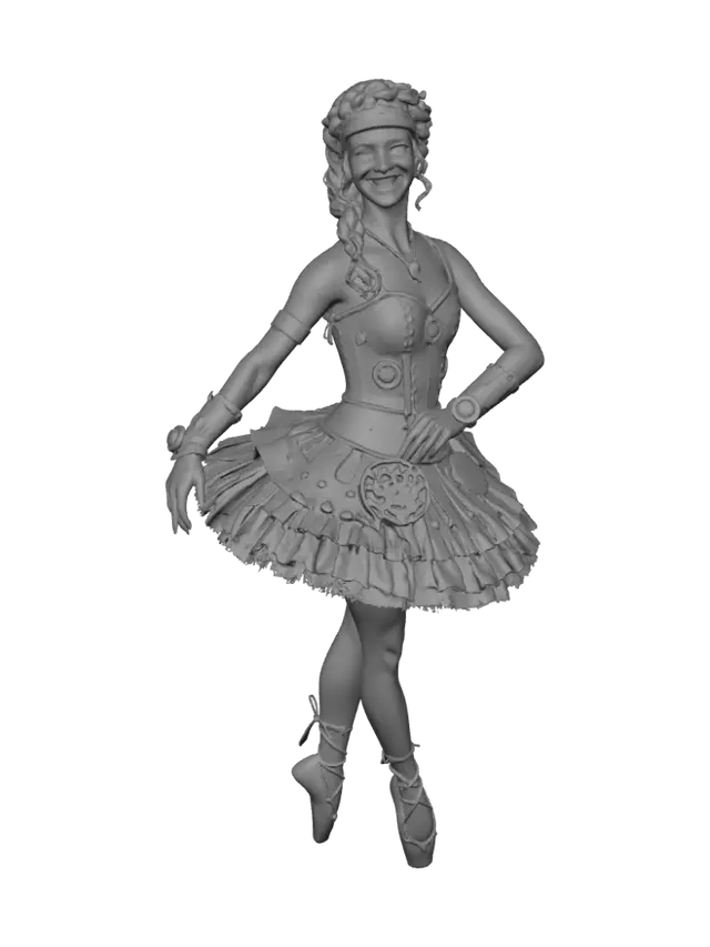 3D model for Steampunková usměvavá štíhlá baletka ultrarealistické 4k,bez kouřových efektů, pozadí šedé studio