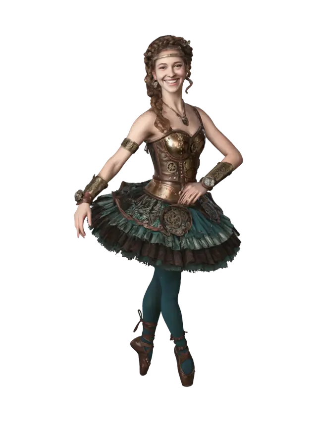 3D model for Steampunková usměvavá štíhlá baletka ultrarealistické 4k,bez kouřových efektů, pozadí šedé studio
