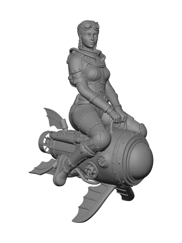 3D model for Mladá žena ve steampunkovém koupacím oblečení sedící na Steampunkovém podvodním skútru, ultrarealistické 8k pozadí šedé studio