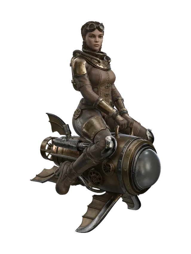 3D model for Mladá žena ve steampunkovém koupacím oblečení sedící na Steampunkovém podvodním skútru, ultrarealistické 8k pozadí šedé studio