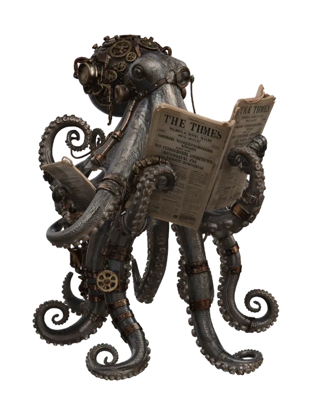 CLOCKWORK KRAKEN READING NEWSPAPERS 3D model, vytvořený pomocí AI