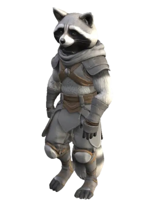 3D model for An overfriendly lean and agile game-ready 3D semi-realistic stylized high-fantasy art humanoid Raccoon mmorpg character with soft white, gray, and black fur. Wearing a light combat starter armor wraps. Long ears angled back, sharp focused eyes and an quick and stealthy appearance