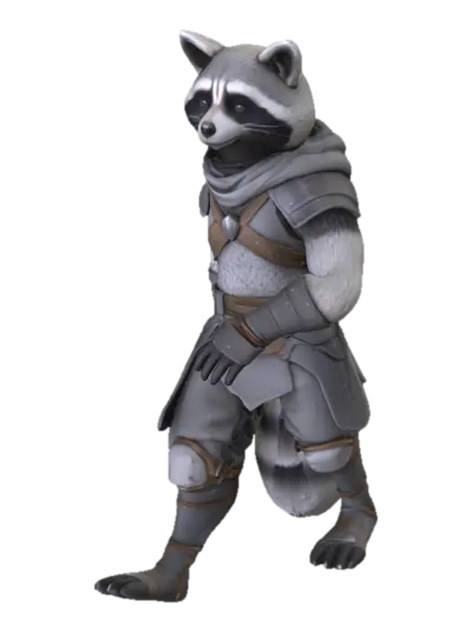 3D model for An overfriendly lean and agile game-ready 3D semi-realistic stylized high-fantasy art humanoid Raccoon mmorpg character with soft white, gray, and black fur. Wearing a light combat starter armor wraps. Long ears angled back, sharp focused eyes and an quick and stealthy appearance