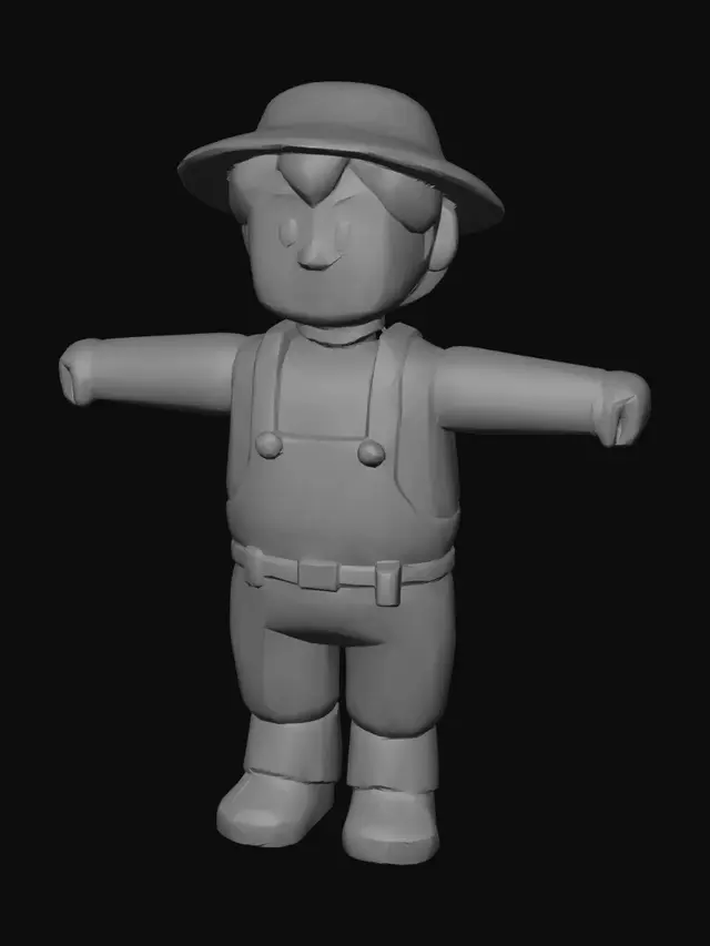 3D model for Stylized low-poly medieval farmer, overalls, straw hat, standing in a neutral T-pose or A-pose, symmetric, clean topology, game-ready asset.
