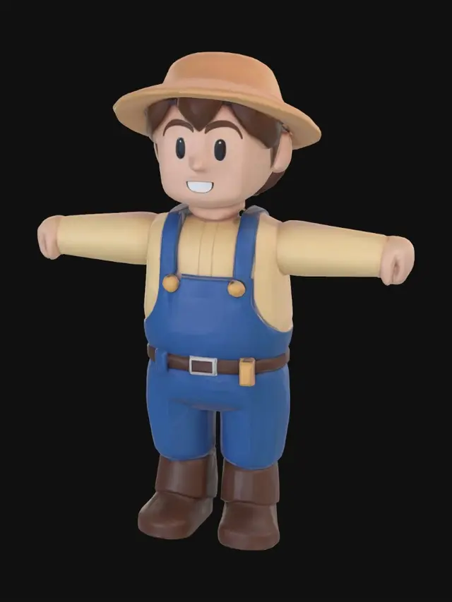3D model for Stylized low-poly medieval farmer, overalls, straw hat, standing in a neutral T-pose or A-pose, symmetric, clean topology, game-ready asset.