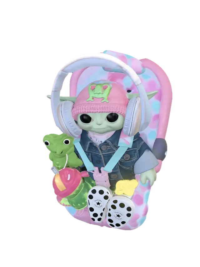 Pastel Grogu in a Dreamy Seat 3D model, vytvořený pomocí AI