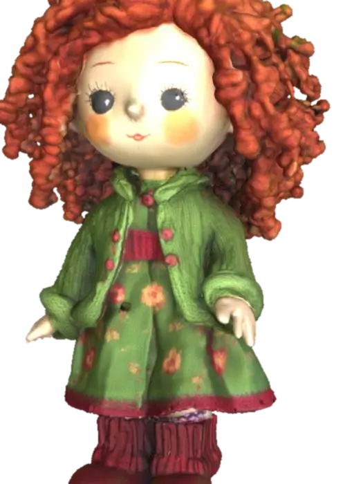 A low poly Waldorf doll with curly Auburn hair a knitted green cardigan over a green… 3D model, vytvořený pomocí AI