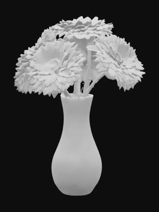 3D model for Ultra high resolution model of a Murano glass vase with three purple and two yellow chrysanthemums in it