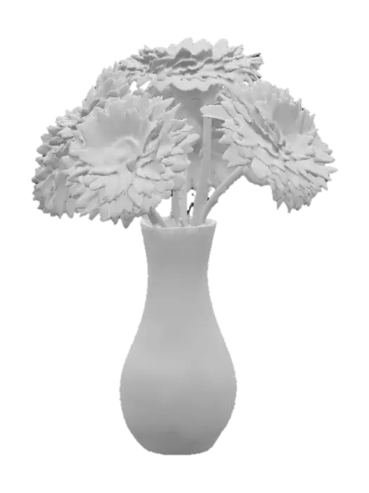 3D model for Ultra high resolution model of a Murano glass vase with three purple and two yellow chrysanthemums in it