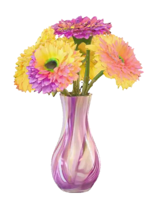 3D model for Ultra high resolution model of a Murano glass vase with three purple and two yellow chrysanthemums in it