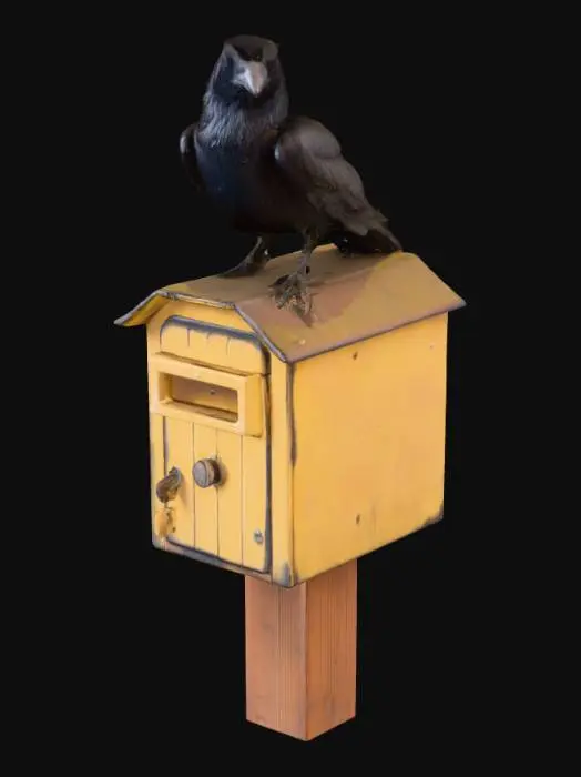 3D model for A black crow standing on a brightly coloured house-shaped old mail box 